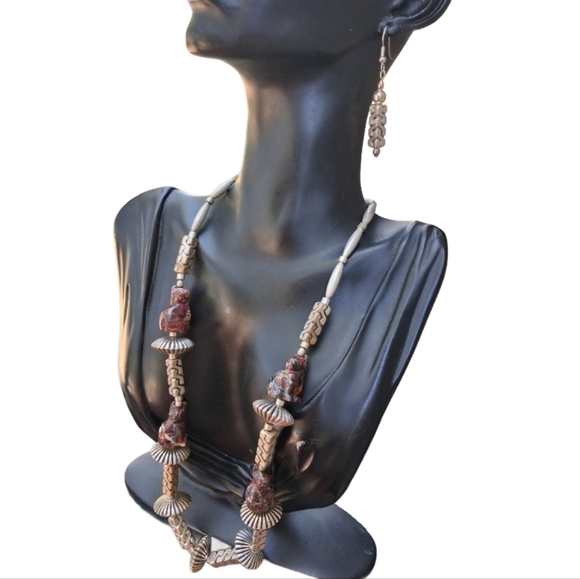 Vintage Jasper Cat Jewelry Set- Bold 80s Statement Necklace + Earrings - Picture 2 of 13